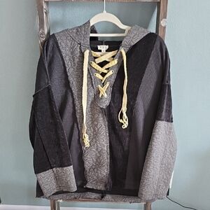 POL Gray and Black Lace-Up Quilted Patchwork Hoodie Size Small